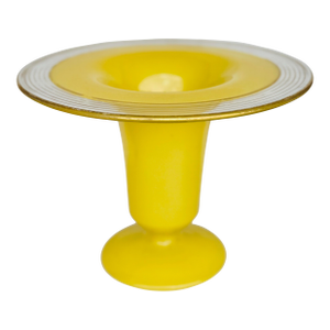 Vintage Bohemian Czech Tango Handblown Yellow Glass Vase With Painted Gold Rings and Wide Rim – Mid-Century Gilded Art Glass Centerpiece
