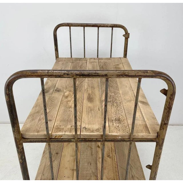 Vintage Industrial Iron and Wood Shelves on Wheels For Sale - Image 6 of 10