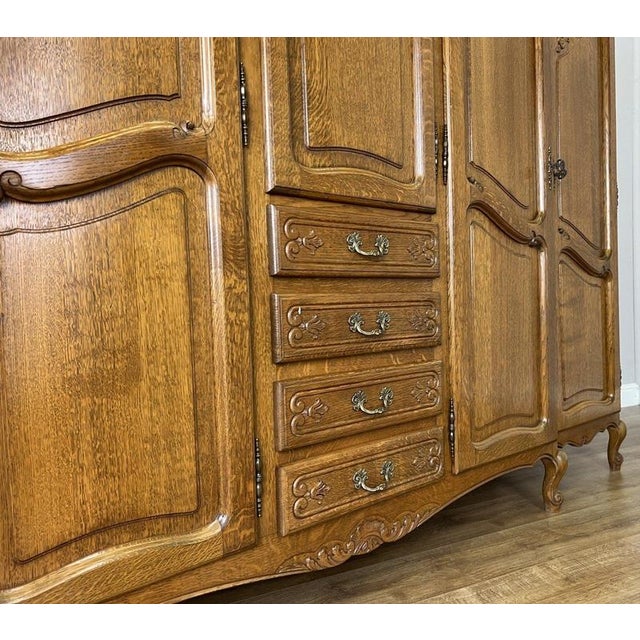 Vintage French Louis XVI Five Door Oak Carved Armoire For Sale - Image 10 of 14