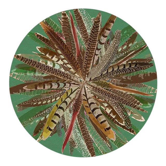 Nicolette Mayer Pheasant Feathers Green 16" Round Pebble Placemats, Set of 4 For Sale