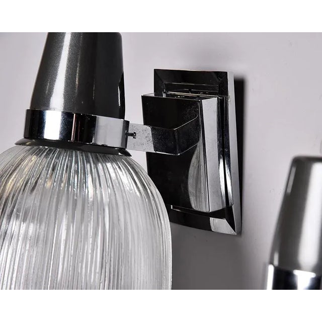 Chrome Vintage English Silver and Black Sconces With Glass Shades - Pair For Sale - Image 8 of 11