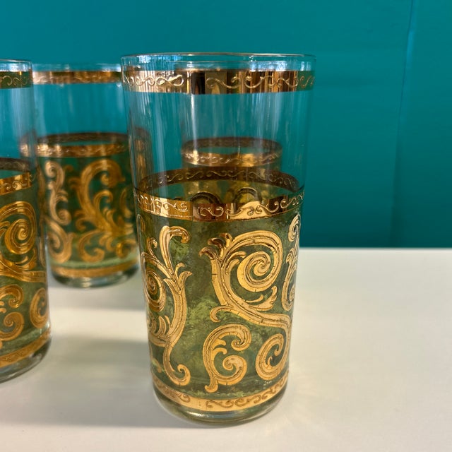 1960s Culver LTD Green Glass and Applied Gold Cocktail Service Highballs and Ice Bucket - 9 Pieces Signed For Sale In Miami - Image 6 of 9