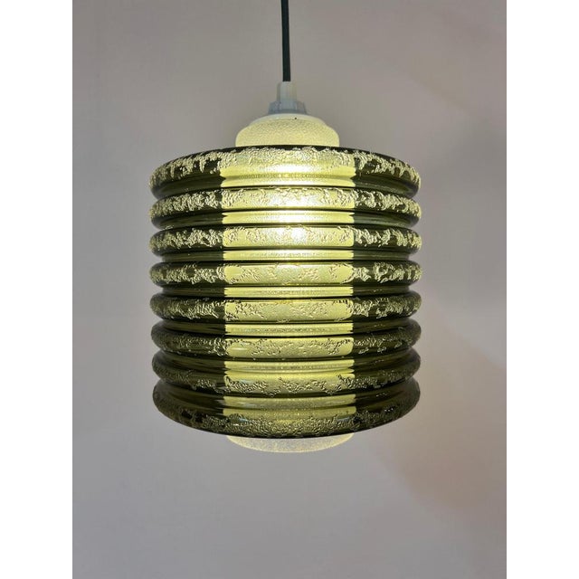 Olive and White Textured Glass Pendant Lamp For Sale - Image 5 of 11