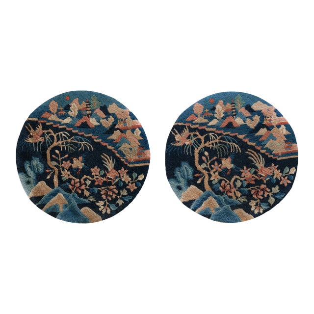 1920s Blue Navy Floral Antique Pair of Chinese Peking Carpets 2' X 2' Hand Knotted Wool Carpets For Sale