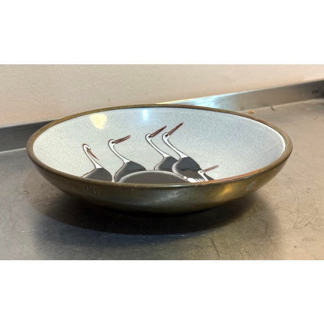 Hollywood Regency Nora Fenton Brass/Ceramic Heron Bowl For Sale - Image 3 of 4
