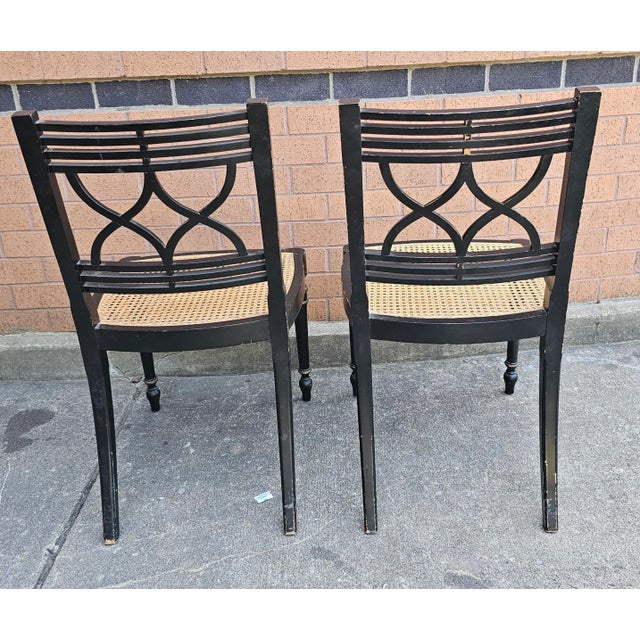 Traditional Set Four Baker Historic Charleston Decorated Ebonized Wood and Cane Side Chairs For Sale - Image 3 of 12