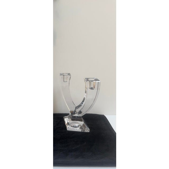 Mid-Century Modern Vintage 1970s Signed Sevres Crystal France MCM Style Double Head Candleholder Set of Two(2) For Sale - Image 3 of 13