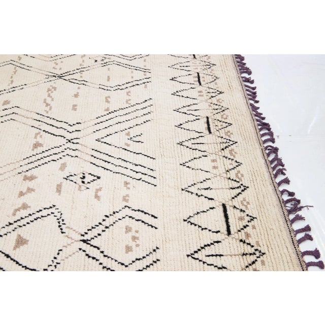 2020s Contemporary Moroccan Style Handmade Ivory Wool Rug With Tribal Design For Sale - Image 5 of 13