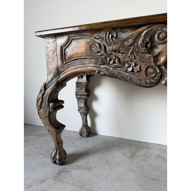 Vintage Italian Baroque Style Hand-Carved Wood Console Table With Paw Feet For Sale - Image 4 of 18