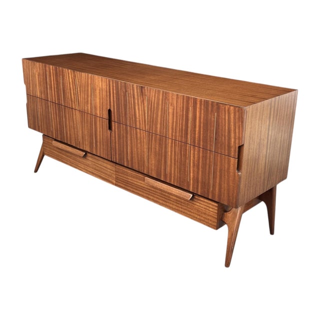 Wood Mid-Century Modern Walnut Dresser With Sculpted Integrated Pulls and Splayed Legs” For Sale - Image 7 of 15