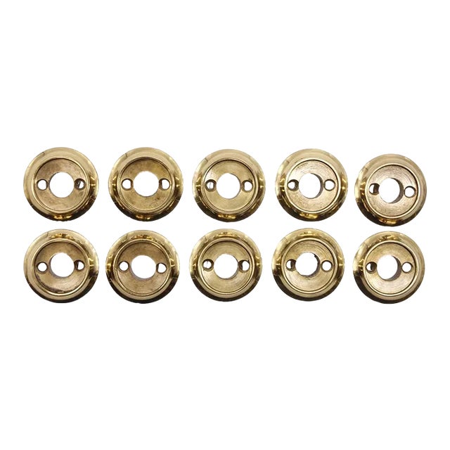 Set of 10 Vintage 1.375 In. Solid Brass Flat Collar Door Rosettes For Sale