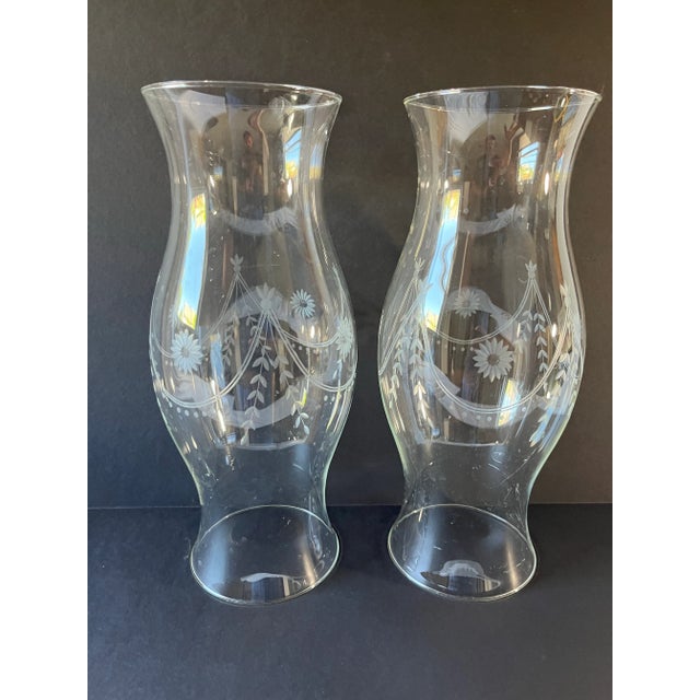Shabby Chic Etched Clear Glass Candle Hurricanes a Pair For Sale - Image 3 of 9