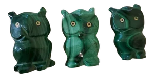Vintage Malachite Carved Owl Stones - Set of 3