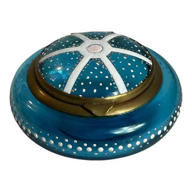 Antique Victorian Painted Blue Glass Vanity Trinket Box Bohemian Attributed to Moser For Sale