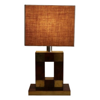 Mid-Century Geometric Table Lamp in Briar and Brass with Canvas Shade, Italy, 1970s For Sale