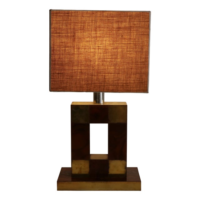 Mid-Century Geometric Table Lamp in Briar and Brass with Canvas Shade, Italy, 1970s For Sale