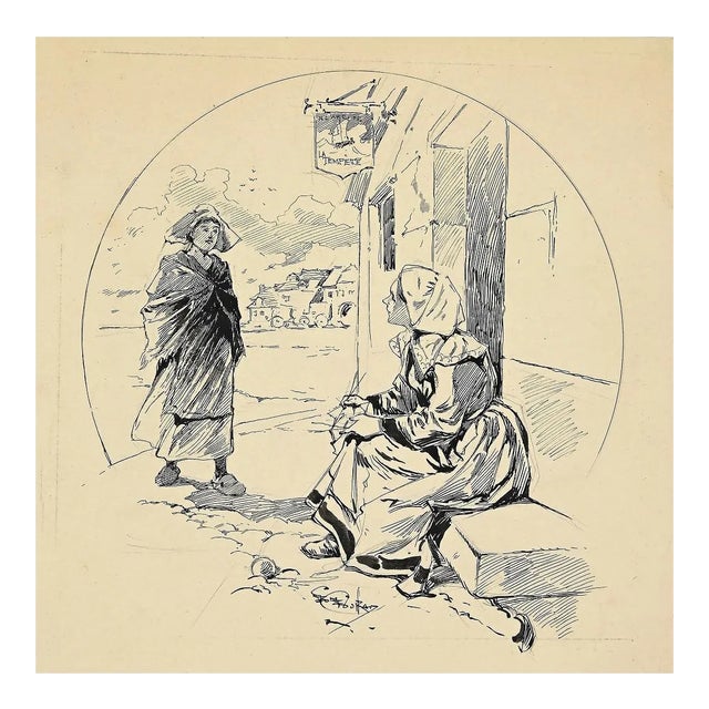 Georges Conrad, Figures In the Landscape, Pen Drawing, Early 20th Century For Sale