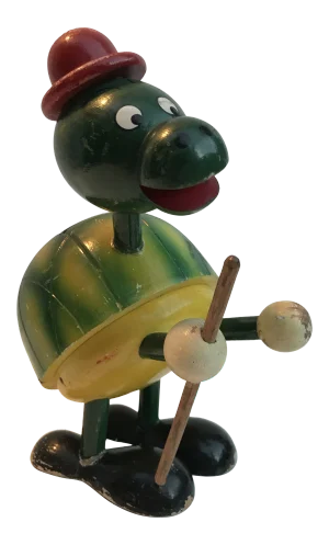Vintage Mid 20th Century Wooden Mr. Turtle Bank With Hat, Walking Stick and Shoes
