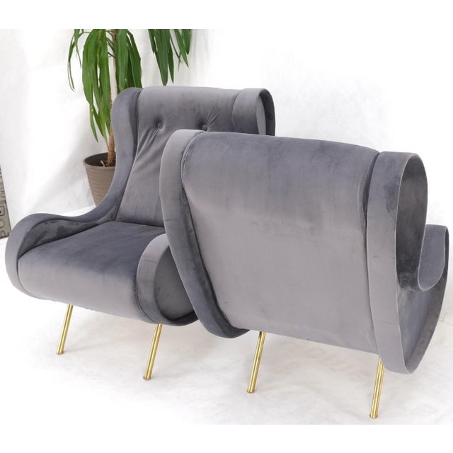 Gray Pair Italian Mid-Century Modern Brass Legs Grey Arm Lounge Chairs For Sale - Image 8 of 17
