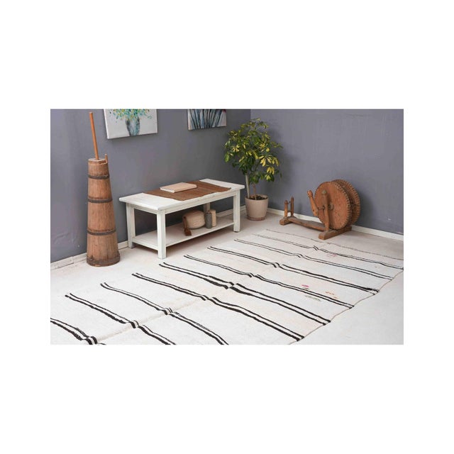 White Black Striped Hemp Kilim Rug - 5`7" X 11`2" For Sale In Los Angeles - Image 6 of 6