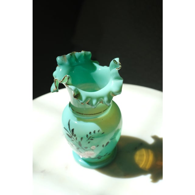 Fenton Art Glass Company Fenton Art Glass Ruffle Rim Bud Vase Hand Painted Florals For Sale - Image 4 of 6