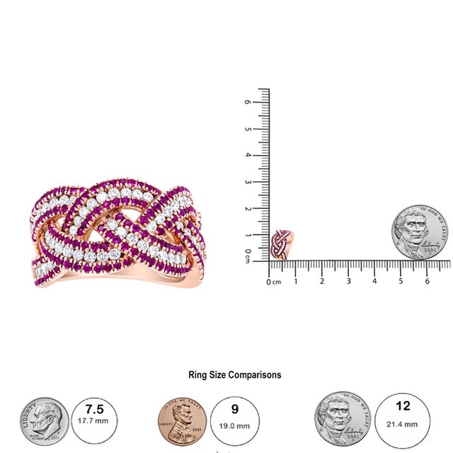 18K Rose Gold Red Ruby and 7/8 Cttw Diamond Woven Braided Band Ring (F-G Color, VS1-VS2 Clarity) - R For Sale In New York - Image 6 of 6