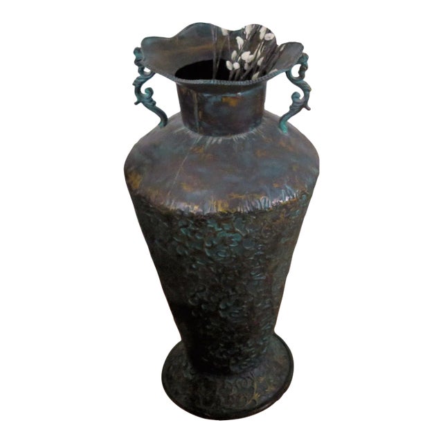 Large Italian Style Decorative Hammered Turquoise Metal Urn For Sale