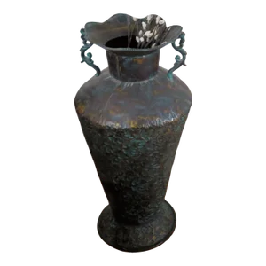 Large Italian Style Decorative Hammered Turquoise Metal Urn