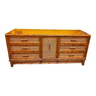 American of Martinsville Regency Style Faux Bamboo and Wicker Credenza / ChestIsland Bamboo and Rattan Dresser For Sale