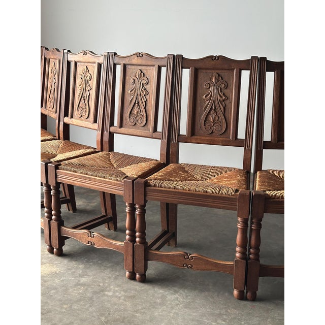 Antique French Carved Oak Rush Seat Dining Chairs, Set of 8 For Sale In Greensboro - Image 6 of 16