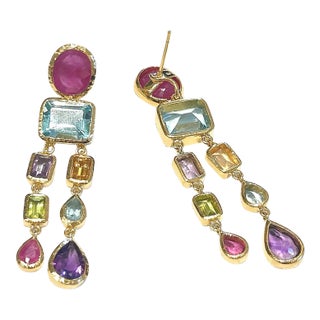 Bochic “Orient” Ruby & Multi Gem Chandelier Earrings Set 18k Gold & Silver - 2 Pieces For Sale