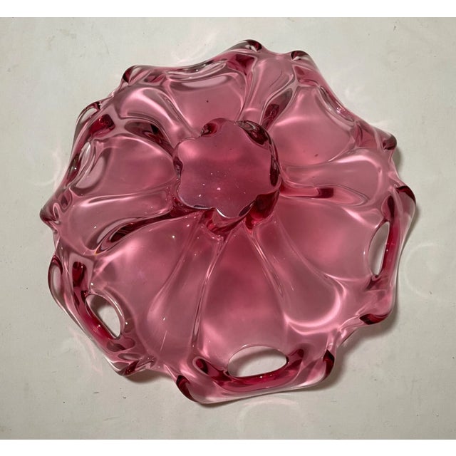 Vintage Hand Blown Pink Red Glass Italian Centerpiece Footed Bowl Murano For Sale - Image 10 of 12