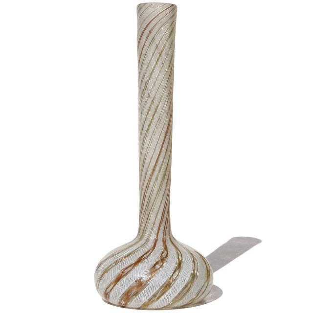 Mid-Century Modern Vintage Murano Fratelli Toso White Copper Aventurine Ribbons Italian Art Glass Soliflore Flower Vase For Sale - Image 3 of 6