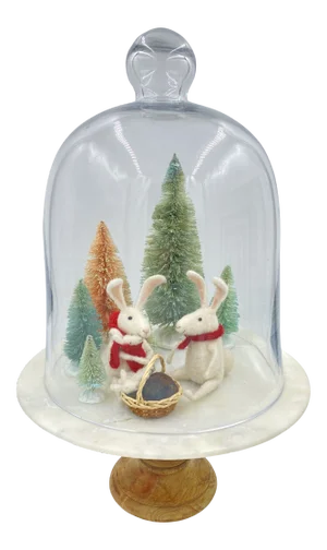 Christmas Needle Felt Rabbit Family With Marble Cake Stand & Glass Lid Cloche