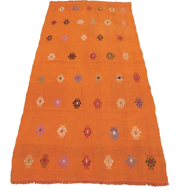 1960s Traditional Hand Knotted Orange Floral Kilim Rug For Sale