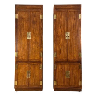 A Pair of Vintage 1970s Campaign Style Tall Fitted Cabinets by Henredon For Sale