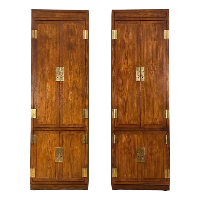 A Pair of Vintage 1970s Campaign Style Tall Fitted Cabinets by Henredon For Sale