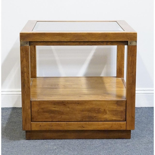 Drexel Heritage Woodbriar Collection Pecan Rustic European 26" Square Accent End Table W. Glass Top 988-342 For Sale - Image 12 of 14