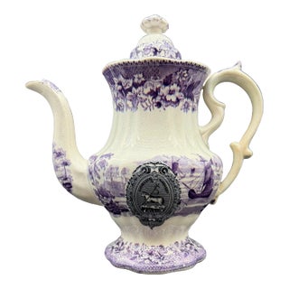 A Very Rare and Unusual Purple and Gray Transferware Decorated Coffeepot, Circa 1830's For Sale