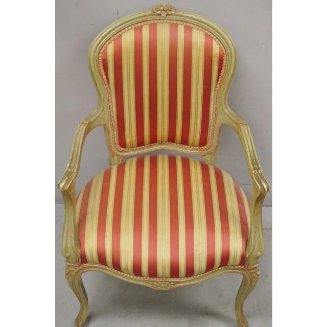 French Vtg French Louis XV Style Green & Pink Painted Arm Chair Fauteuil Striped Fabric For Sale - Image 3 of 13