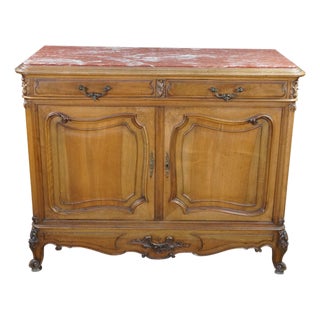 Antique Louis XV French Provincial Walnut Rouge Marble Buffet Sideboard Commode For Sale
