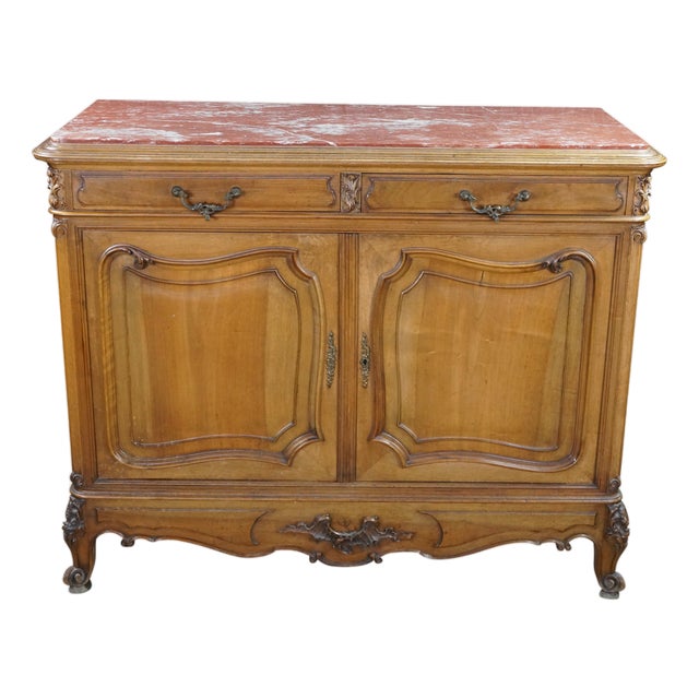 Antique Louis XV French Provincial Walnut Rouge Marble Buffet Sideboard Commode For Sale