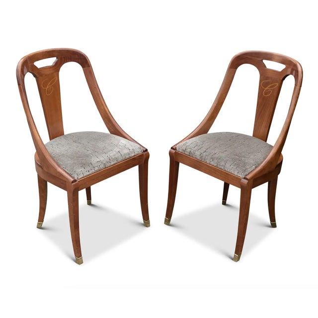 An Elegant Pair of Emile-Jacques Ruhlmann Style Beech Curved Back Hallway Chairs With Upholstered Seats & Brass Leg Cups...