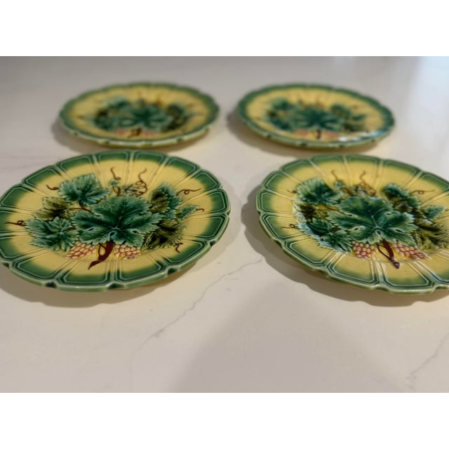 Ceramic Set of 4 Antique Sarreguemines French Majolica Grape Leaf Plates - C. 1890 For Sale - Image 7 of 12
