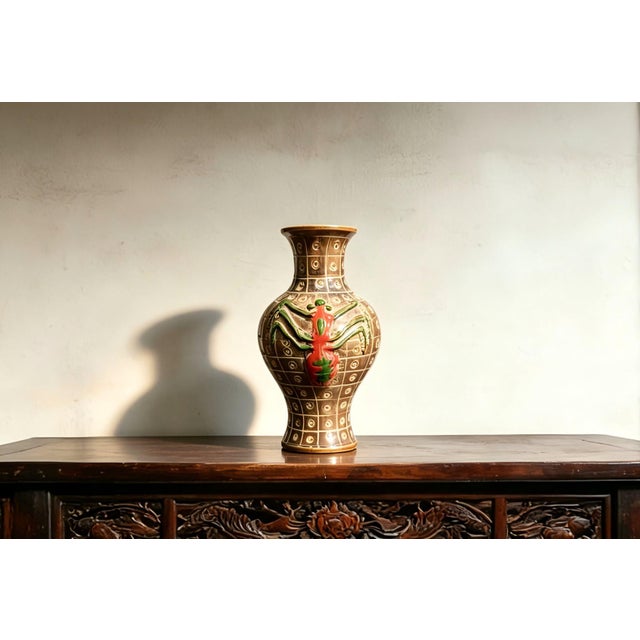 Chinese Chinese Ceramic Vase,Brown Glaze Porcelain Vase Hand Carved Spider Pattern For Sale - Image 3 of 12