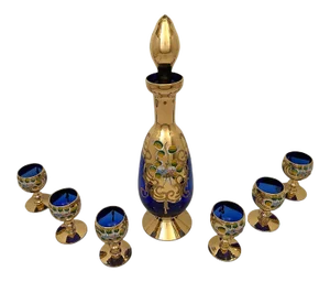 1960s Italian Venetian Cobalt Glass & 24 Karat Gold Decanter Set- 7 Pieces