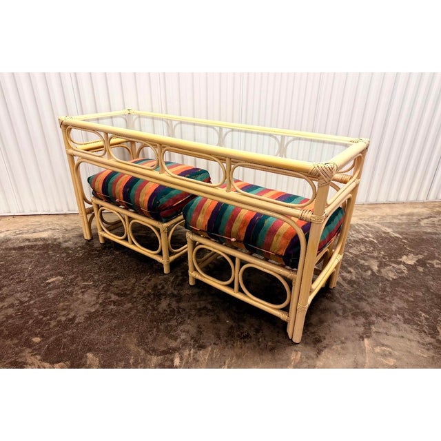 1970s Vintage Coastal Bamboo & Rattan Console Table With Matching Ottomans For Sale In Miami - Image 6 of 9