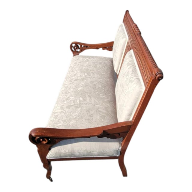 Antique 19th C Eastlake Loveseat Refinished Walnut Victorian Upholstered Settee For Sale - Image 4 of 18