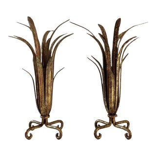 Mid 20th Century Hollywood Regency Gold Gilt Metal Tole Wheat Sheaf Sculpture ~ a Pair For Sale