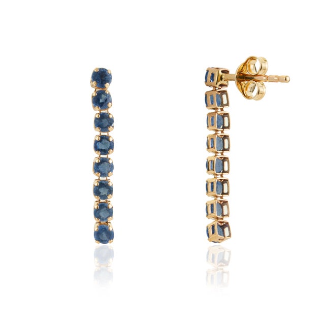 Metal Classic 1.32ct Royal Blue Sapphire Linear Drop Earrings in 14k Solid Gold- 2 Pieces For Sale - Image 7 of 15
